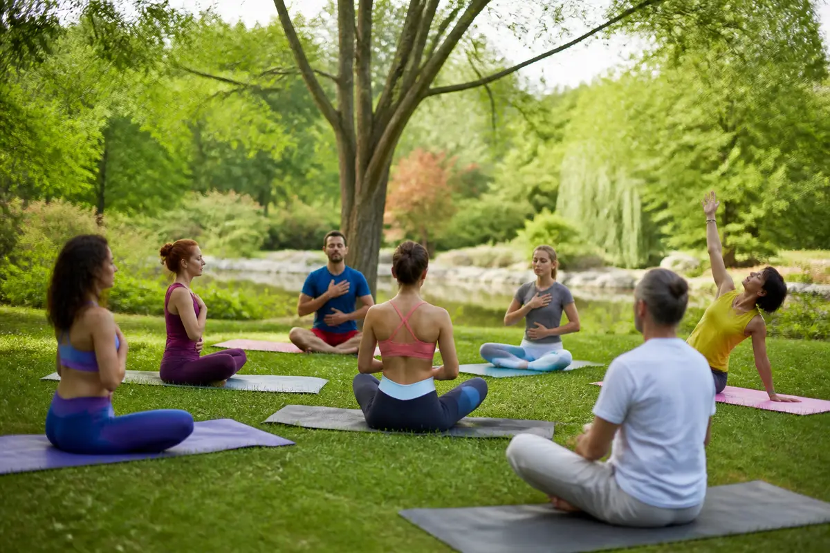 Personnes pratiquant la méditation en plein air pour réduire le stress avec Actistress