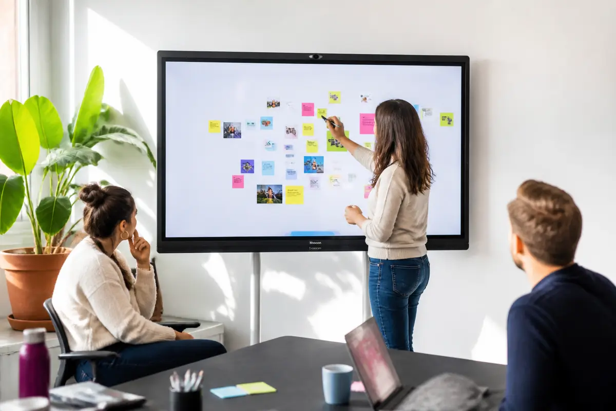 Personnes collaborant sur un écran interactif avec board de Klaxoon en bureau lumineux