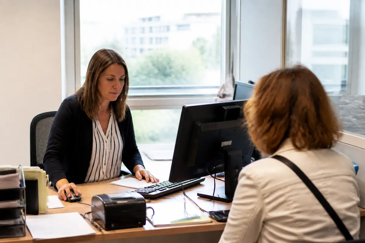 Agent de la CPAM du 49 aidant une cliente dans un bureau lumineux