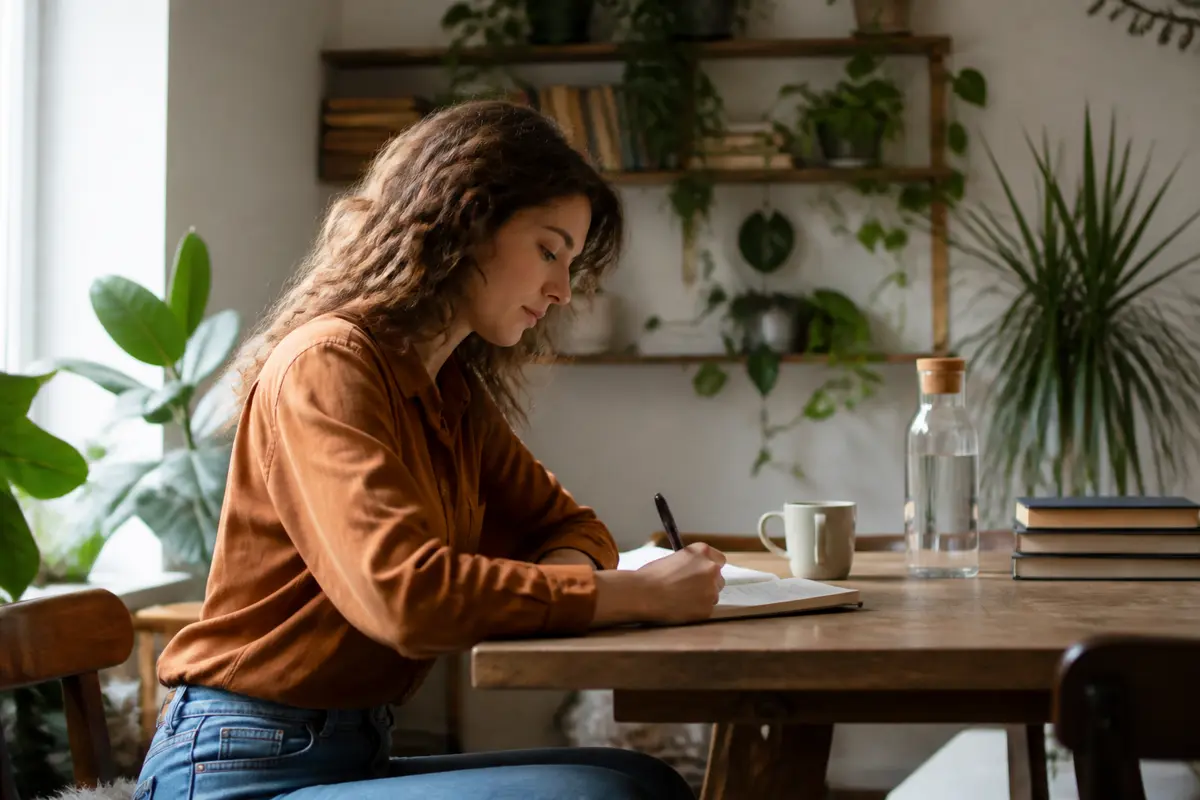 Femme écrivant à table entourée de plantes favorisant l'écologie personnelle intérieure