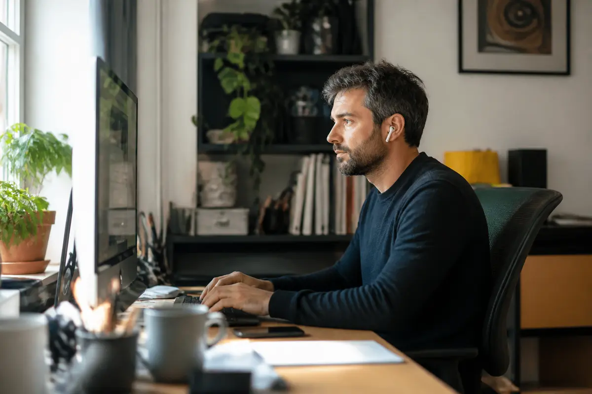 Homme travaillant à domicile avec ordinateur et écouteurs pour recueillir des avis sur flex job