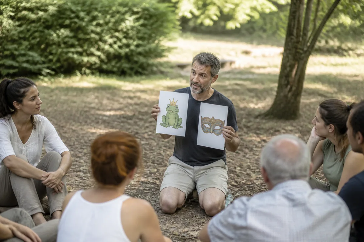 Groupe de personnes en séance de développement personnel en plein air, travaillant sur la gestion des émotions avec des symboles du prince grenouille et masque