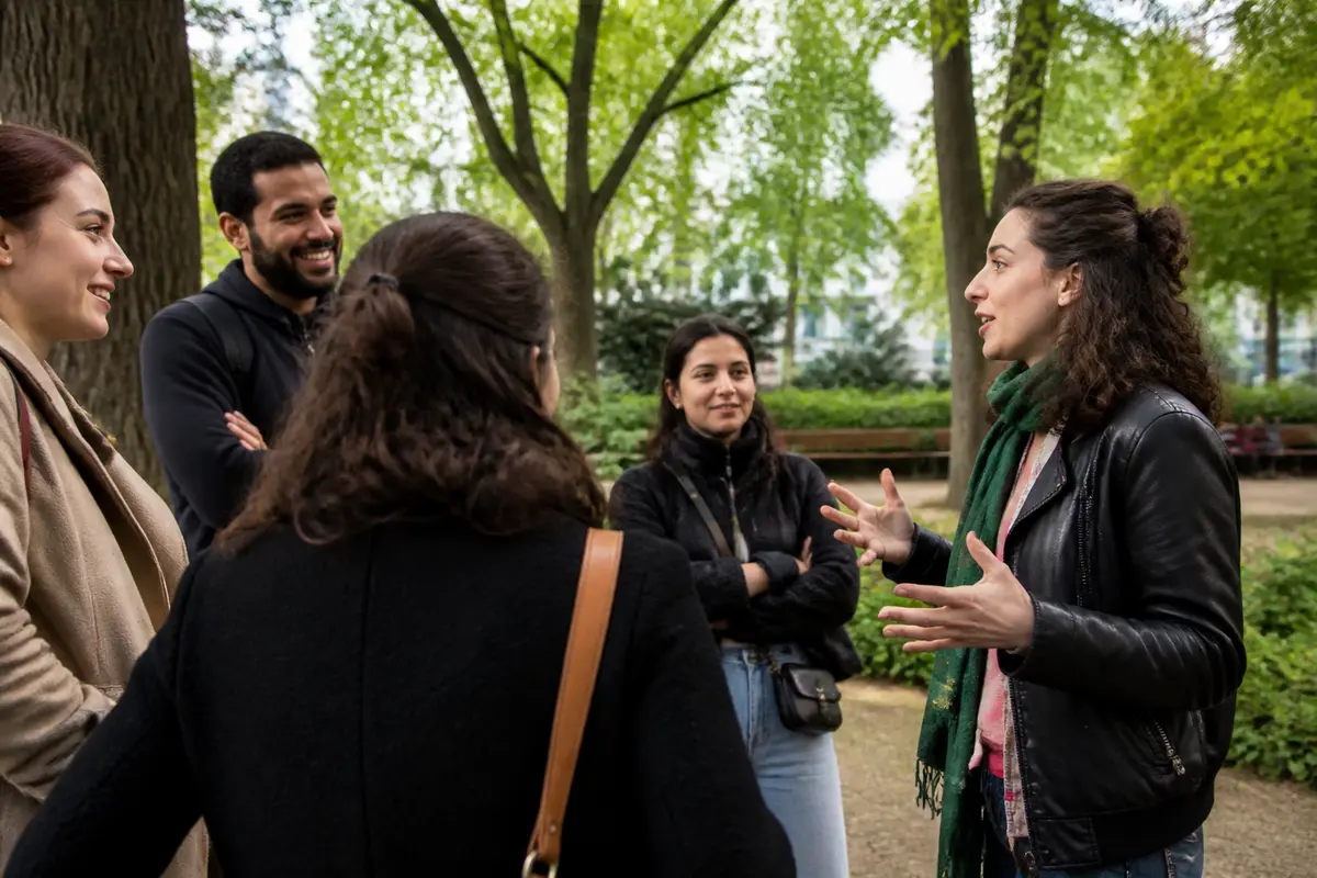 Un groupe discute dans un parc, ils font part de leurs idées et opinions ensemble