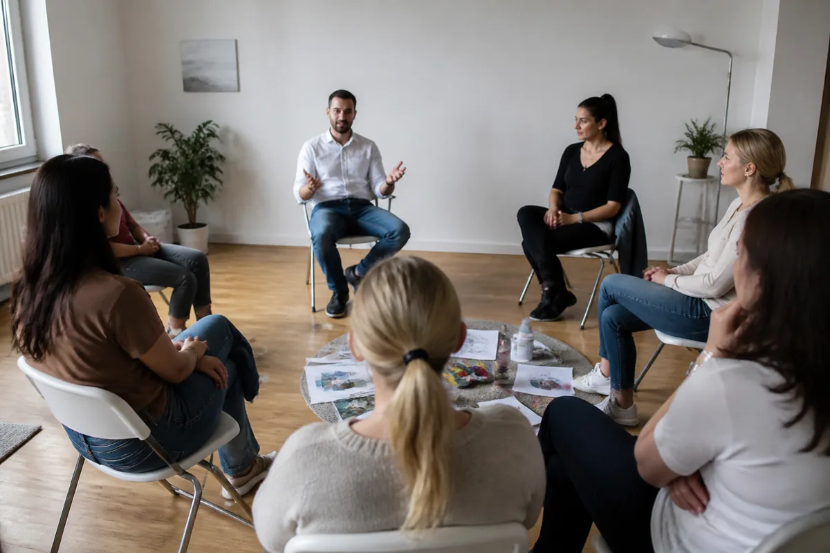 Participants échangeant lors d'une conférence sur la gestion du stress dans une salle éclairée