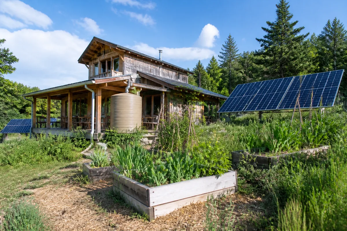 Maison écologique autonome équipée de panneaux solaires, jardin potager et système de récupération d'eau de pluie