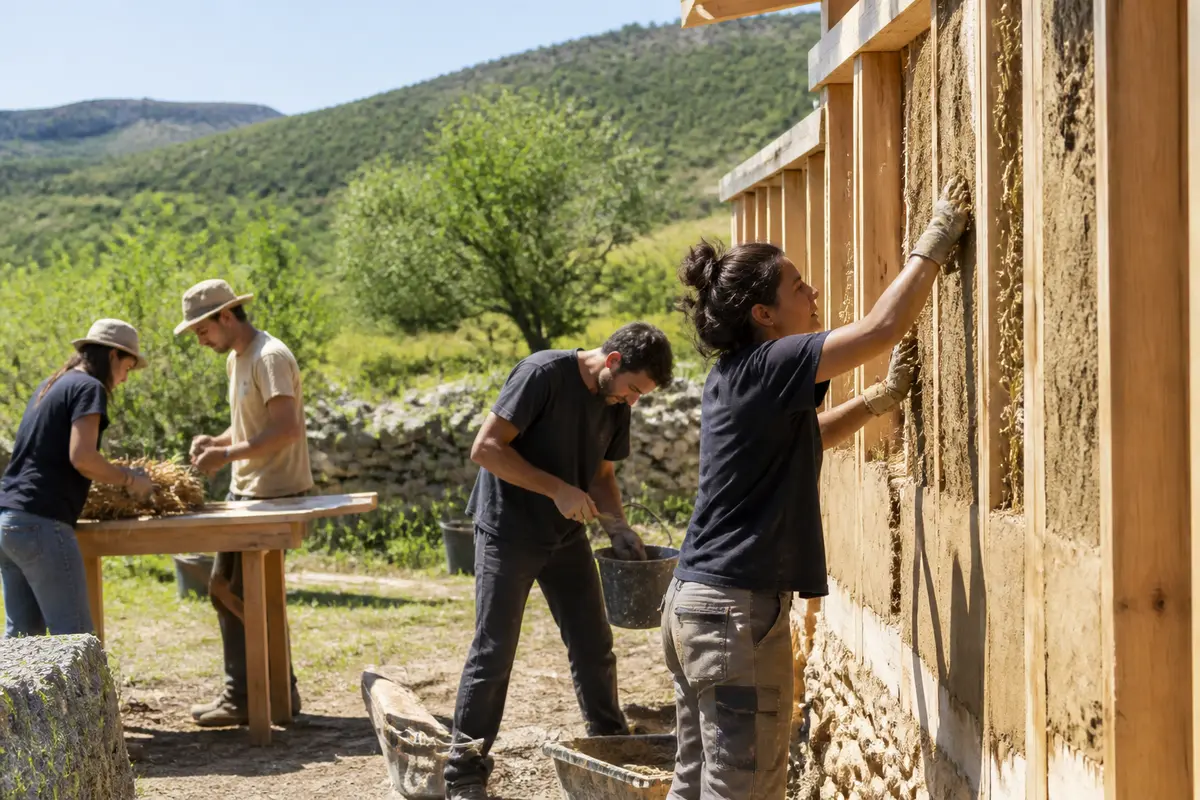Personnes enduisant un mur en terre dans un chantier écologique où nous changeons d'approche.