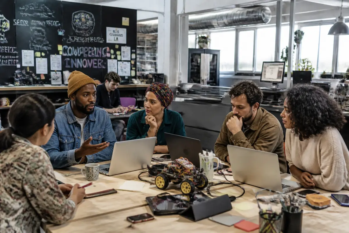 Groupe collaborant sur de nouveaux paradigmes technologiques dans un espace de coworking industrialisé