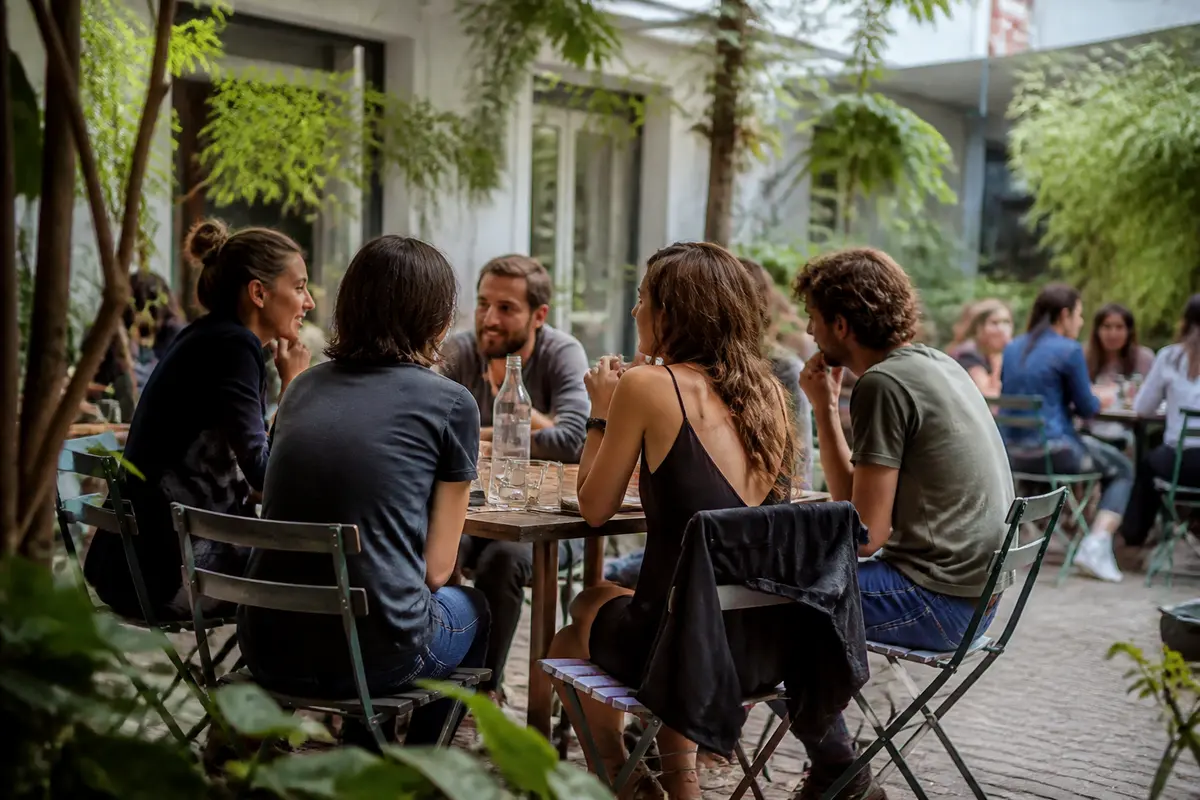 Groupe de personnes en terrasse discutant pour relationner dans un cadre convivial extérieur