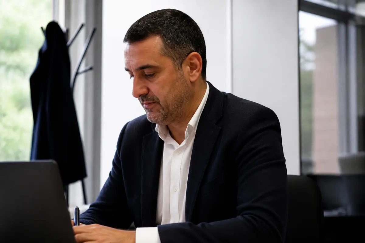 Homme en costume travaillant sur ordinateur portable au bureau, sacha lopez concentré.